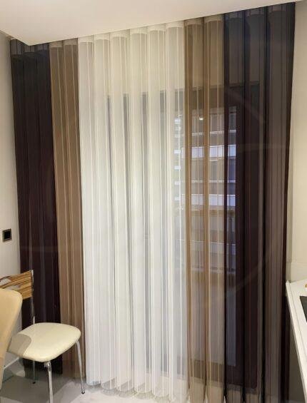 Kahve - Beyaz Tül Dikey Perde